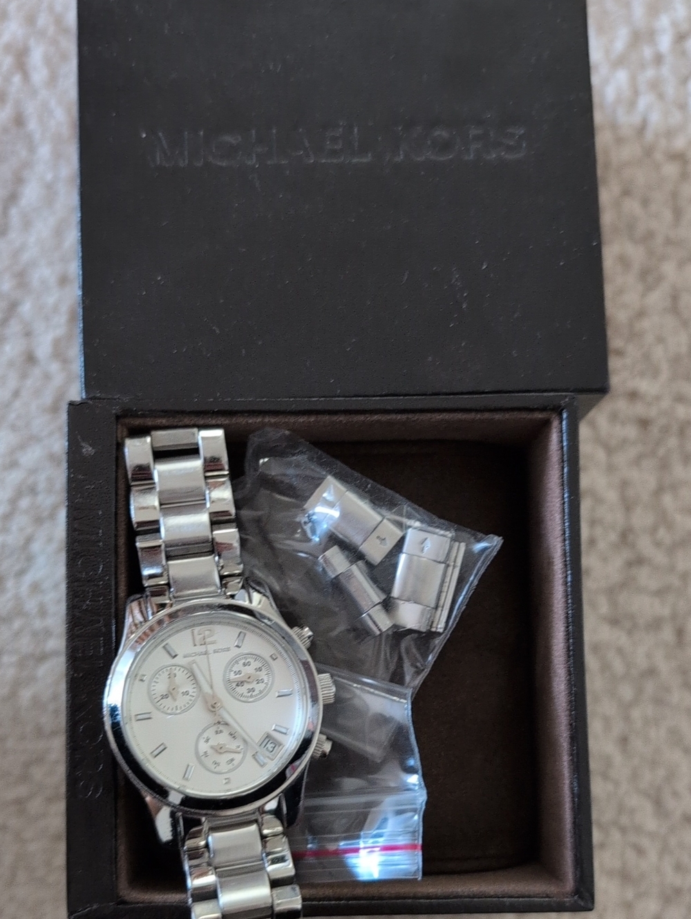 Michael Kors Silver and White Stainless Steel Chronograph Watch